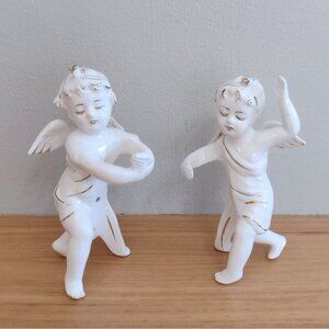 Vintage White Gold Cherub Angel Ceramic Candle Huggers Holders Christmas Holiday